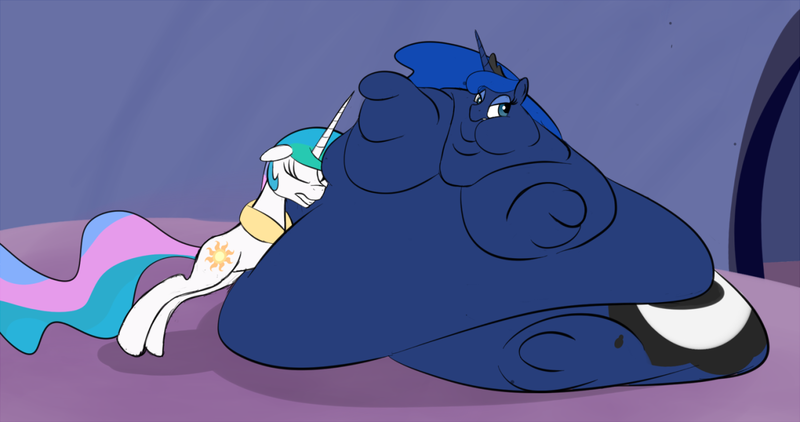 Size: 1280x675 | Tagged: artist:astr0zone, ass, bingo wings, blob, chubby cheeks, derpibooru import, double chin, fat, huge butt, immobile, impossibly large butt, impossibly large everything, large butt, moonbutt, morbidly obese, obese, princess celestia, princess luna, princess moonpig, questionable, royal fitness