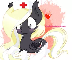 Size: 1216x1008 | Tagged: safe, artist:boaselena, derpibooru import, oc, unofficial characters only, bat pony, pony, blushing, clothes, cute, fangs, hat, heart, nurse hat, red cross, request, socks, stockings