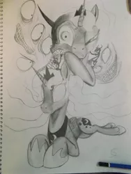 Size: 3216x4288 | Tagged: semi-grimdark, artist:scribblepwn3, derpibooru import, nightmare moon, princess luna, alicorn, pony, demons, monochrome, nightmare, pencil drawing, tenebris, traditional art