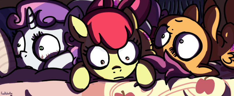 Size: 1263x519 | Tagged: apple bloom, artist:foudubulbe, bloodshot eyes, crusaders of the lost mark, cutie mark, cutie mark crusaders, depressed, derpibooru import, edit, editor:dsp2003, existential crisis, on back, realization, safe, scootaloo, shocked, sweetie belle, the cmc's cutie marks, upscale, wide eyes