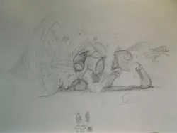 Size: 4288x3216 | Tagged: safe, artist:scribblepwn3, derpibooru import, oc, oc:midnight scribbler, unofficial characters only, pony, unicorn, action pose, boots, goggles, magic, male, pencil drawing, portal, saddle, saddle bag, solo, traditional art