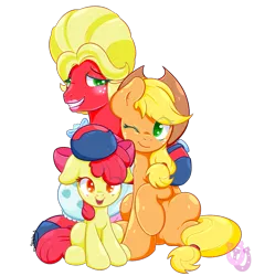 Size: 1087x1180 | Tagged: safe, artist:shadowhulk, derpibooru import, apple bloom, applejack, big macintosh, earth pony, pony, brotherhooves social, apple siblings, crossdressing, male, orchard blossom, simple background, sitting, stallion, transparent background, wink