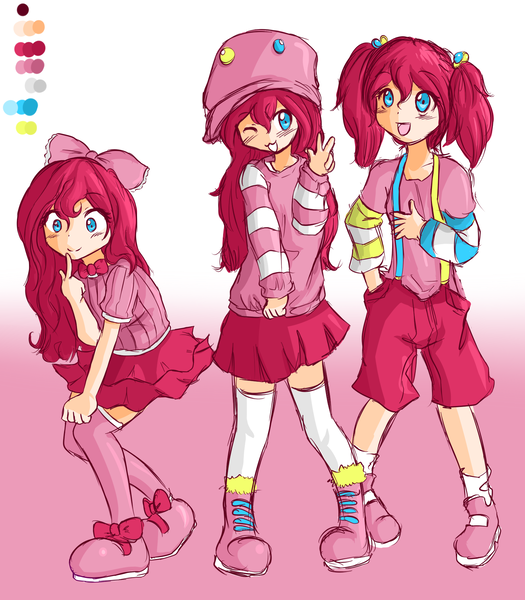 Size: 1739x1986 | Tagged: artist:applestems, boots, bow, clothes, cute, derpibooru import, diapinkes, hair bow, hat, human, humanized, pigtails, pinkie pie, ribbon, safe, shoes, shorts, skirt, socks, suspenders, sweater, thigh highs