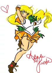 Size: 1024x1448 | Tagged: applejack, armpits, artist:pixel-chick, blushing, boots, crossover, derpibooru import, heart, human, humanized, peace sign, safe, sailor moon, sailor scout, sailor uniform, simple background, solo, white background