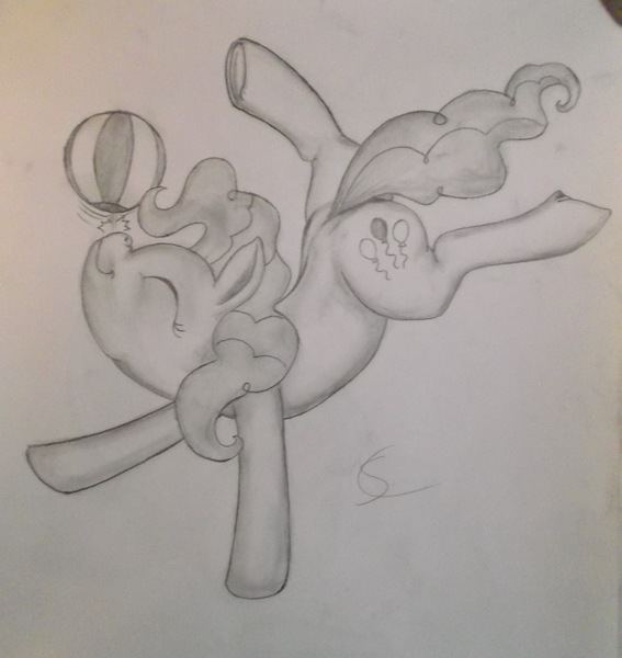 Size: 3216x3404 | Tagged: safe, artist:scribblepwn3, derpibooru import, pinkie pie, earth pony, pony, beach ball, element of laughter, flexible, monochrome, party pony, pencil drawing, solo, traditional art