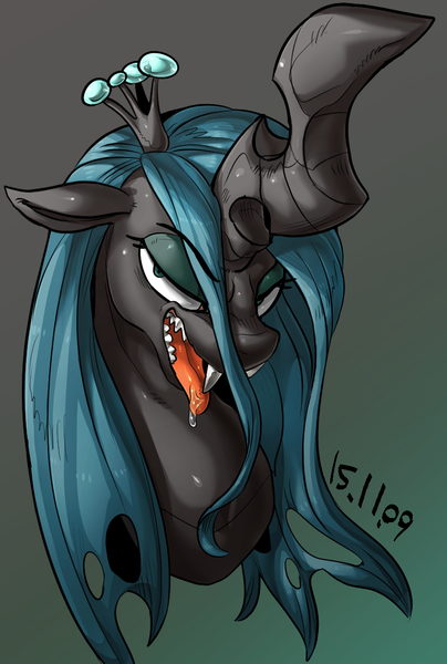 Size: 818x1214 | Tagged: safe, artist:nekubi, derpibooru import, queen chrysalis, changeling, changeling queen, bust, drool, fangs, female, gradient background, kitchen eyes, open mouth, solo, tongue out