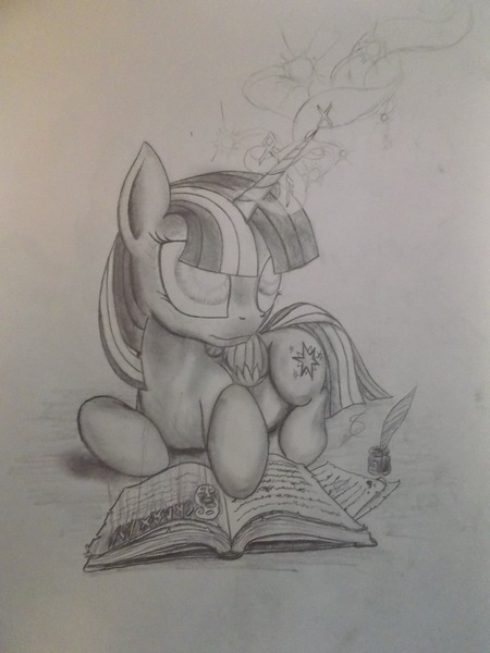 Size: 3216x4288 | Tagged: safe, artist:scribblepwn3, derpibooru import, twilight sparkle, twilight sparkle (alicorn), alicorn, pony, element of magic, futhark, glowing eyes, grayscale, inkwell, magic, monochrome, pencil drawing, quill, runes, solo, spellbook, traditional art