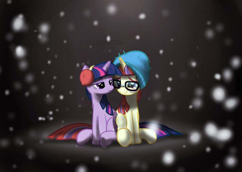 Size: 2800x2000 | Tagged: safe, artist:zigrock, derpibooru import, moondancer, twilight sparkle, twilight sparkle (alicorn), alicorn, pony, female, glasses, hat, intertwined tails, lesbian, mare, shipping, snow, snowfall, toque, twidancer