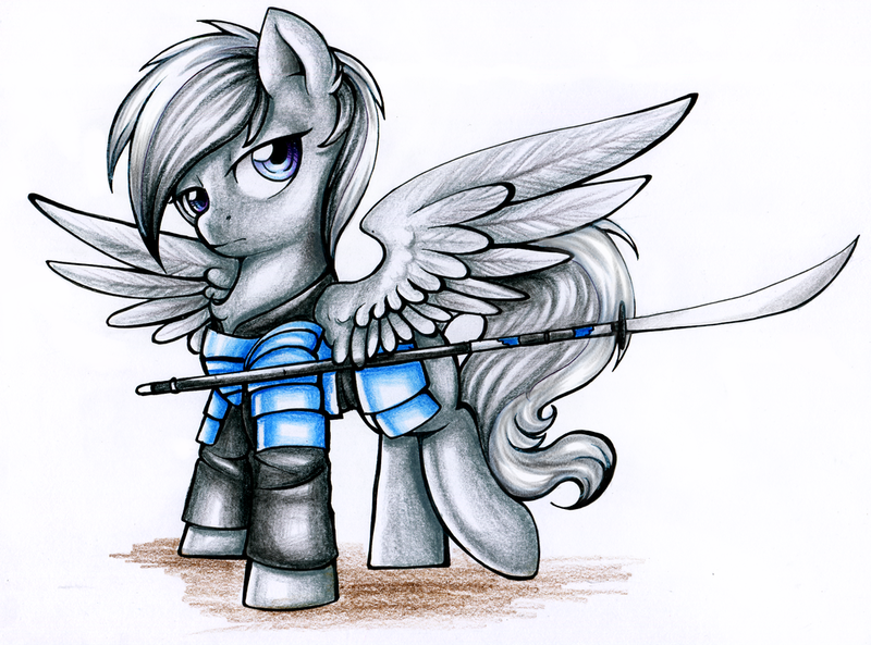 Size: 1024x759 | Tagged: safe, artist:pingwinowa, derpibooru import, oc, oc:shadow, unofficial characters only, pegasus, pony, armor, badass, commission, femboy, male, naginata, simple background, solo, traditional art, warrior, weapon, white background