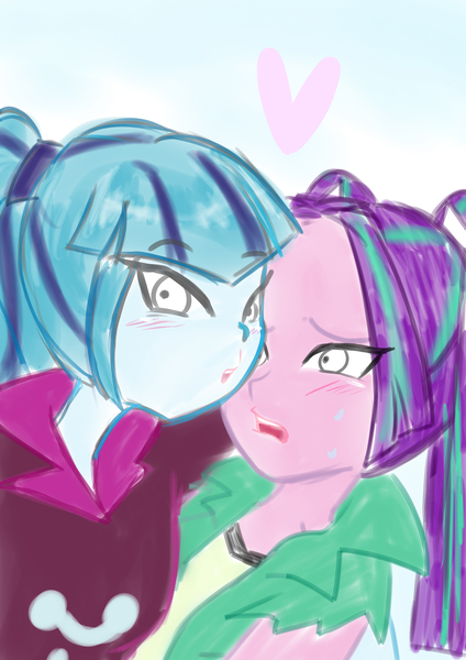 Size: 2480x3507 | Tagged: safe, artist:amazingpuffhair, derpibooru import, aria blaze, sonata dusk, equestria girls, arisona, blushing, female, heart, lesbian, selfie, shipping, sweatdrop