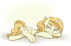 Size: 719x462 | Tagged: safe, artist:raridashdoodles, derpibooru import, sweet biscuit, pony, unicorn, adorabiscuit, bedroom eyes, cute, female, lying down, mare, no pupils, prone, solo, sploot