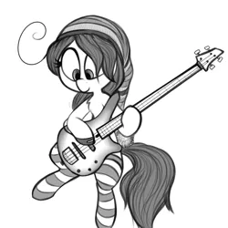 Size: 1000x1000 | Tagged: artist:whydomenhavenipples, bass guitar, clothes, derpibooru import, grayscale, guitar, hat, monochrome, musical instrument, oc, oc:mal, safe, socks, solo, striped socks, unofficial characters only