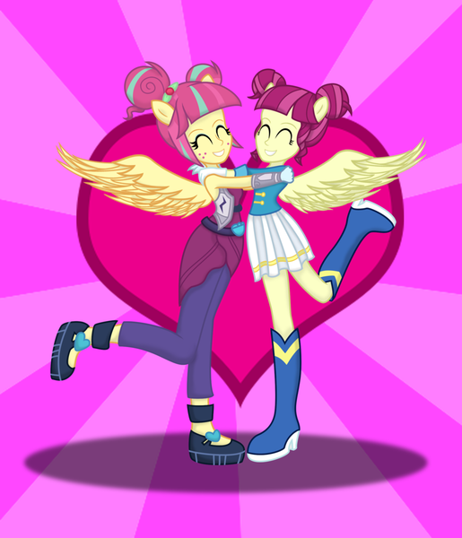 Size: 1024x1193 | Tagged: safe, artist:deannaphantom13, derpibooru import, majorette, sour sweet, sweeten sour, equestria girls, friendship games, background human, boots, headcanon, heart, long lost sisters, love, ponied up, reunited, shoes, similarities, sisters, sweetly and sourly, twin sisters, winged humanization