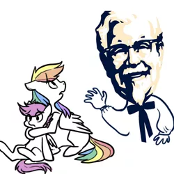 Size: 500x500 | Tagged: artist:pandarainbow, colonel sanders, derpibooru import, rainbow dash, safe, scootachicken, scootaloo