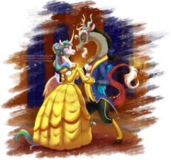 Size: 1024x958 | Tagged: safe, artist:stepandy, derpibooru import, discord, princess celestia, alicorn, draconequus, pony, semi-anthro, alternate hairstyle, beast, beauty and the beast, belle, bipedal, clothes, crossover, curved horn, dislestia, disney, disney princess, disney style, dress, female, gown, horn, male, shipping, simple background, straight, style emulation, transparent background