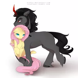 Size: 2000x2000 | Tagged: artist:evehly, behaving like a cat, carrying, cute, derpibooru import, female, fluttershy, king sombra, male, mouth hold, safe, scruff, shipping, sombrashy, straight