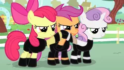 Size: 1280x720 | Tagged: apple bloom, artist:edgeworth87, boots, clothes, crossover, cutie mark crusaders, dean ambrose, derpibooru import, gloves, roman reigns, safe, scootaloo, seth rollins, sweetie belle, the shield (stable), wwe