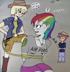 Size: 2988x3105 | Tagged: applejack, arrested, artist:missmayaleanne, derpibooru import, dialogue, gun, human, humanized, lasso, police uniform, pony coloring, rainbow dash, revolver, safe, scootaloo, weapon