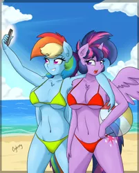 Size: 900x1119 | Tagged: absolute cleavage, alternate hairstyle, anthro, armpits, artist:thebrokencog, ball, beach, beach ball, belly button, bikini, bra, breasts, busty rainbow dash, busty twilight sparkle, camera, cleavage, clothes, commission, derpibooru import, female, meme, ocean, open mouth, phone, punklight sparkle, rainbow dash, sand, selfie, side hug, signature, smartphone, suggestive, sun, swimsuit, twilight sparkle, twilight sparkle (alicorn)