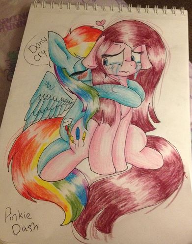 Size: 391x497 | Tagged: safe, artist:tehcherrydeviant6911, derpibooru import, pinkie pie, rainbow dash, crying, female, floppy ears, hug, hug from behind, lesbian, pinkadash, pinkamena diane pie, pinkiedash, shipping