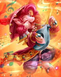 Size: 3600x4500 | Tagged: safe, artist:jadedjynx, derpibooru import, part of a set, pinkie pie, earth pony, pony, absurd resolution, bard, bard pie, clothes, dancing, fantasy class, female, lute, mare, music notes, one eye closed, open mouth, solo, wink