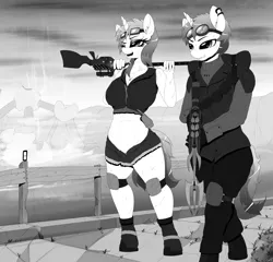 Size: 2645x2541 | Tagged: anthro, armor, artist:replica, boots, clothes, derpibooru import, energy weapon, fallout, fallout tactics, female, goggles, grayscale, monochrome, oc, oc:electric spark, oc:sweet voltage, open mouth, plasma rifle, shorts, suggestive, unofficial characters only, vest, voltspark, wasteland, wattz 2000, weapon