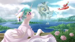 Size: 1600x900 | Tagged: safe, artist:falleninthedark, derpibooru import, discord, princess celestia, alternate hairstyle, boat, clothes, crossover, dislestia, dress, earring, female, male, piercing, plane, porco rosso, shipping, straight, studio ghibli, thumbs up