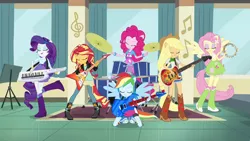 Size: 1280x720 | Tagged: safe, derpibooru import, screencap, applejack, fluttershy, pinkie pie, rainbow dash, rarity, sunset shimmer, equestria girls, friendship games, balloon, bass guitar, boots, bracelet, clothes, cowboy boots, drums, electric guitar, guitar, high heel boots, jewelry, keytar, musical instrument, ponied up, ponytail, skirt, socks, tambourine, the rainbooms, wings