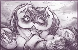 Size: 1680x1074 | Tagged: suggestive, artist:bantha, derpibooru import, fluttershy, rainbow dash, pegasus, pony, :p, blushing, cuddling, drool, drool string, eyes closed, female, fluffy, flutterdash, french kiss, grayscale, holding hooves, kissing, lesbian, mare, monochrome, prone, shipping, sloppy kissing, snuggling, surprised, tongue out, unshorn fetlocks, wide eyes