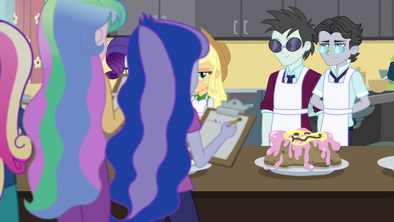 Size: 1280x720 | Tagged: safe, derpibooru import, screencap, applejack, jet set, neon lights, princess cadance, princess celestia, princess luna, rarity, rising star, acadeca, equestria girls, friendship games, apron, baking, cake, clothes, dean cadance, epic fail, fail, female, food, glasses, male, principal celestia, royal sisters, siblings, sisters, sunglasses, vice principal luna