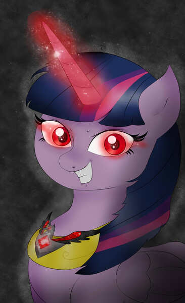 Size: 3000x4915 | Tagged: safe, artist:mileenapl, derpibooru import, twilight sparkle, twilight sparkle (alicorn), alicorn, pony, alicorn amulet, corrupted, corrupted twilight sparkle, dark magic, evil grin, female, glowing eyes, glowing horn, magic, mare, red eyes, red eyes take warning, solo, sombra eyes