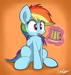 Size: 2700x2850 | Tagged: safe, artist:sheandog, derpibooru import, rainbow dash, pegasus, pony, chest fluff, cider, cute, dashabetes, female, implied twilight sparkle, magic, mare, offscreen character, signature, sitting, solo, tankard, telekinesis, tongue out