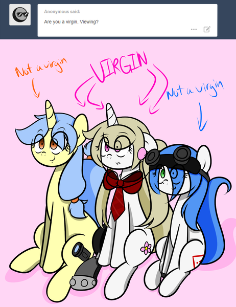 Size: 1500x1950 | Tagged: artist:fullmetalpikmin, ask, congenital amputee, derpibooru import, oc, oc:cherry blossom, oc:mal, oc:viewing pleasure, safe, tumblr, tumblr:ask viewing pleasure, unofficial characters only, virgin