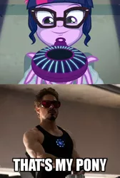 Size: 400x596 | Tagged: safe, derpibooru import, screencap, sci-twi, twilight sparkle, equestria girls, friendship games, arc reactor, device, exploitable meme, glasses, image macro, iron man, magic capture device, meme, that's my pony, that's my x, tony stark