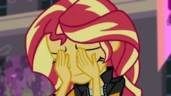 Size: 1280x720 | Tagged: safe, derpibooru import, screencap, sunset shimmer, equestria girls, friendship games, double facepalm, facepalm, reaction image, solo, sunsad shimmer