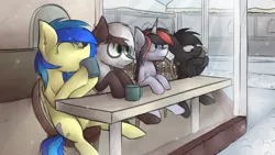 Size: 3000x1687 | Tagged: safe, artist:marsminer, derpibooru import, oc, oc:panda brush, oc:qetesh, oc:quantum shift, oc:silvia, unofficial characters only, bat pony, earth pony, pegasus, pony, unicorn, chair, coffee, cup, fangs, sitting, snow, snowfall, window, winter