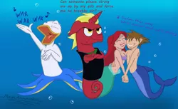 Size: 4157x2550 | Tagged: annoyed, ariel, artist:megaanimationfan, atlantica, bad singing, belly button, crossover, derpibooru import, disney, disney style, donald duck, do not want, floppy ears, frown, kingdom hearts, male, mermaid, merman, midriff, oc, oc:firebrand, safe, seahorse, seaponified, sea pony, seashell, signature, sora, species swap, style emulation, the little mermaid, underwater