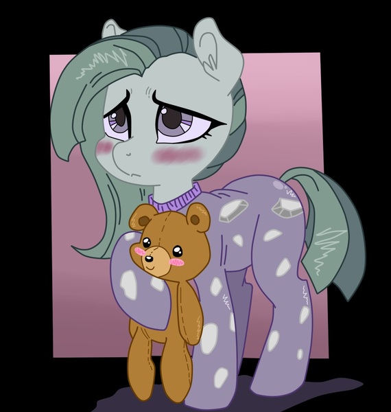 Size: 973x1024 | Tagged: safe, artist:glacierclear, artist:krazykari, derpibooru import, marble pie, earth pony, pony, blushing, clothes, collaboration, colored, cute, female, footed sleeper, marblebetes, mare, pajamas, solo, teddy bear, weapons-grade cute