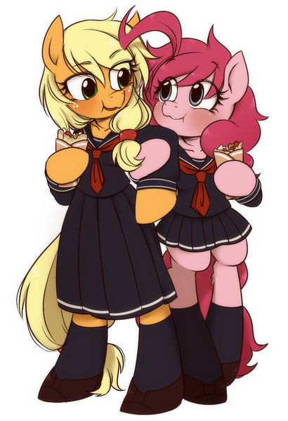 Size: 659x965 | Tagged: safe, artist:umeguru, derpibooru import, applejack, pinkie pie, pony, semi-anthro, :t, alternate hairstyle, bipedal, blushing, clothes, crepe, eating, eye contact, food, looking at each other, open mouth, puffy cheeks, sailor uniform, school uniform, schoolgirl, simple background, smiling, socks, white background