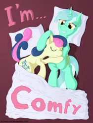 Size: 3000x4000 | Tagged: safe, artist:stinkehund, derpibooru import, part of a set, bon bon, lyra heartstrings, sweetie drops, blanket, cuddling, female, fluffy, lesbian, lyrabon, pillow, shipping, sleeping, snuggling