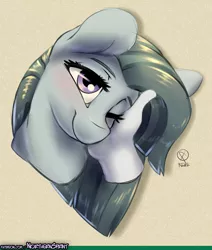 Size: 1280x1506 | Tagged: safe, artist:northernsprint, derpibooru import, marble pie, earth pony, human, pony, blushing, cute, female, hand, lidded eyes, looking at you, marblebetes, mare, one eye closed, patreon, petting, smiling, solo, wink