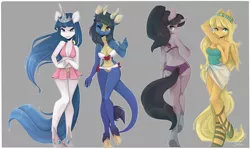 Size: 3176x1890 | Tagged: suggestive, artist:dahliabee, derpibooru import, oc, oc:angel song, oc:emira cloudia, oc:lady snow, oc:roan of arc, unofficial characters only, anthro, kirin, pegasus, unguligrade anthro, unicorn, armpits, bikini, bra, breasts, cleavage, clothes, crown, female, females only, jewelry, midriff, regalia, skirt, swimsuit, tiara, underwear