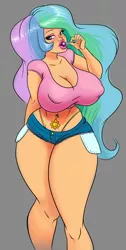 Size: 508x1009 | Tagged: artist:highwaytotartarus, bedroom eyes, bellyring, big breasts, bimbo, breasts, busty princess celestia, candy, cleavage, clothes, curvy, derpibooru import, female, food, human, humanized, lollipop, midriff, panties, piercing, princess celestia, shorts, solo, solo female, suggestive, thighs, thong, underwear, wide hips