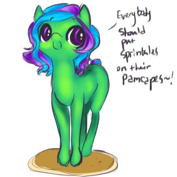 Size: 958x960 | Tagged: artist:aleesa, cute, derpibooru import, female, filly, food, oc, oc:sprinkle, pancakes, safe, solo, unofficial characters only