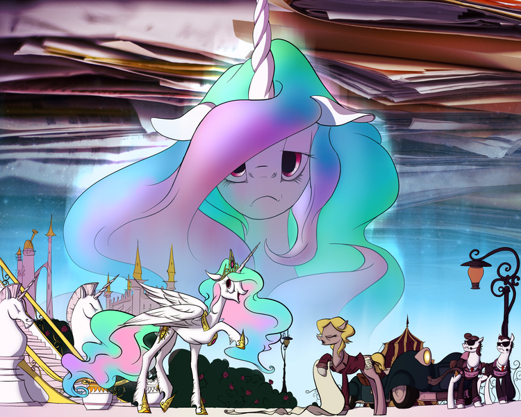 Size: 2000x1600 | Tagged: safe, artist:spromultis, derpibooru import, princess celestia, bored, floppy ears, limousine, politician, politics