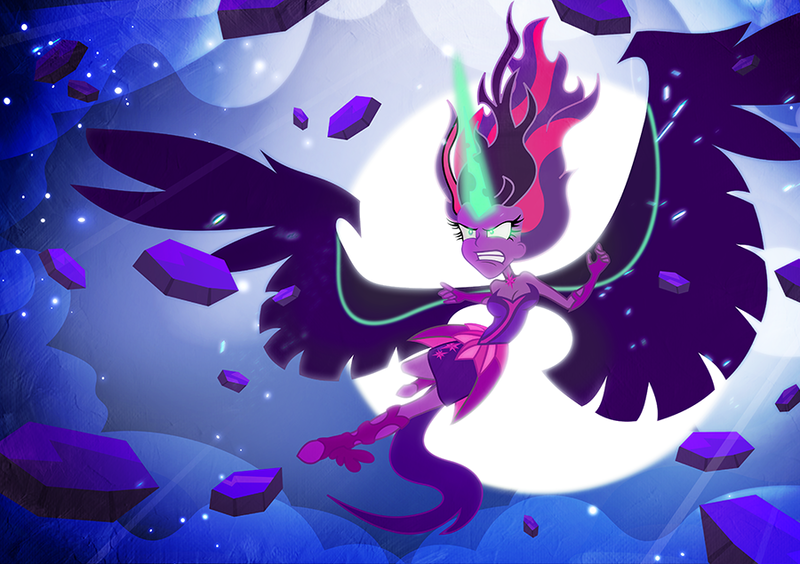 Size: 900x635 | Tagged: safe, artist:pixelkitties, derpibooru import, sci-twi, twilight sparkle, equestria girls, friendship games, angry, cleavage, female, flying, glowing eyes, glowing horn, midnight sparkle, solo, spread wings, wings