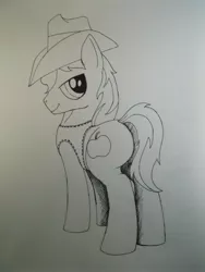 Size: 3216x4288 | Tagged: suggestive, artist:scribblepwn3, derpibooru import, braeburn, earth pony, pony, braebutt, cowboy hat, hat, male, monochrome, pen drawing, plot, smiling, smiling at you, solo, solo male, stallion, standing, traditional art