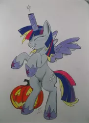 Size: 3072x4224 | Tagged: safe, artist:scribblepwn3, derpibooru import, derpy hooves, pegasus, pony, scare master, alicorn costume, clothes, colored pencil drawing, costume, eyes closed, fake horn, fake wings, halloween, horseshoes, jack-o-lantern, nightmare night, nightmare night costume, pen, rearing, solo, toilet paper roll, toilet paper roll horn, traditional art, twilight muffins, wig