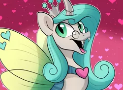 Size: 1050x774 | Tagged: artist:pixel-prism, crown, dark mirror universe, derpibooru import, female, glasses, happy, heart, jewelry, open mouth, peytral, queen chrysalis, regalia, reversalis, safe, smiling, solo