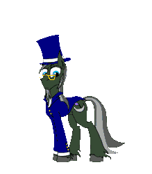 Size: 1232x1408 | Tagged: safe, artist:rexlupin, derpibooru import, oc, oc:masquerade, unofficial characters only, changeling, earth pony, pony, animated, clothes, disguise, glasses, goatee, green changeling, hat, jacket, sideburns, simple background, solo, top hat, transparent background